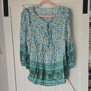 Boho Floral Tie-Neck Tunic in Aqua and Green